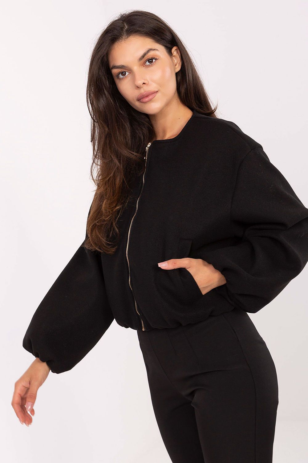 Close-up detail of the Rue Paris casual women's jacket showcasing the smooth polyester fabric and fashionable zipper fastenings.