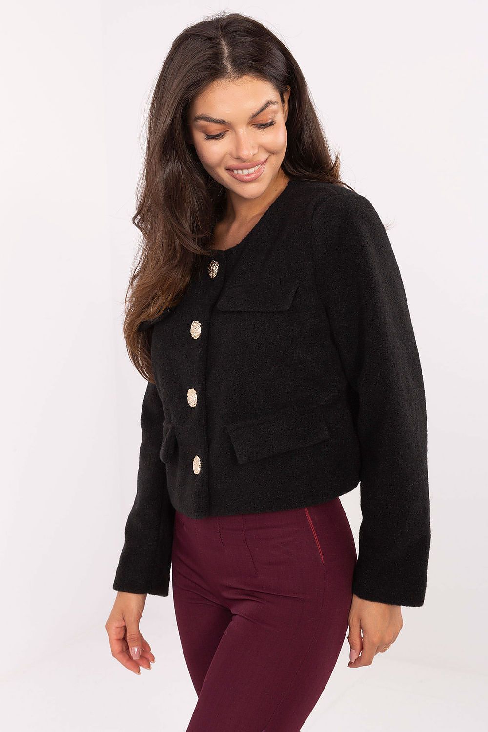 Close-up of Rue Paris women's jacket showcasing the luxurious polyester fabric and classic button detailing, ideal for creating an elegant and sophisticated outfit.