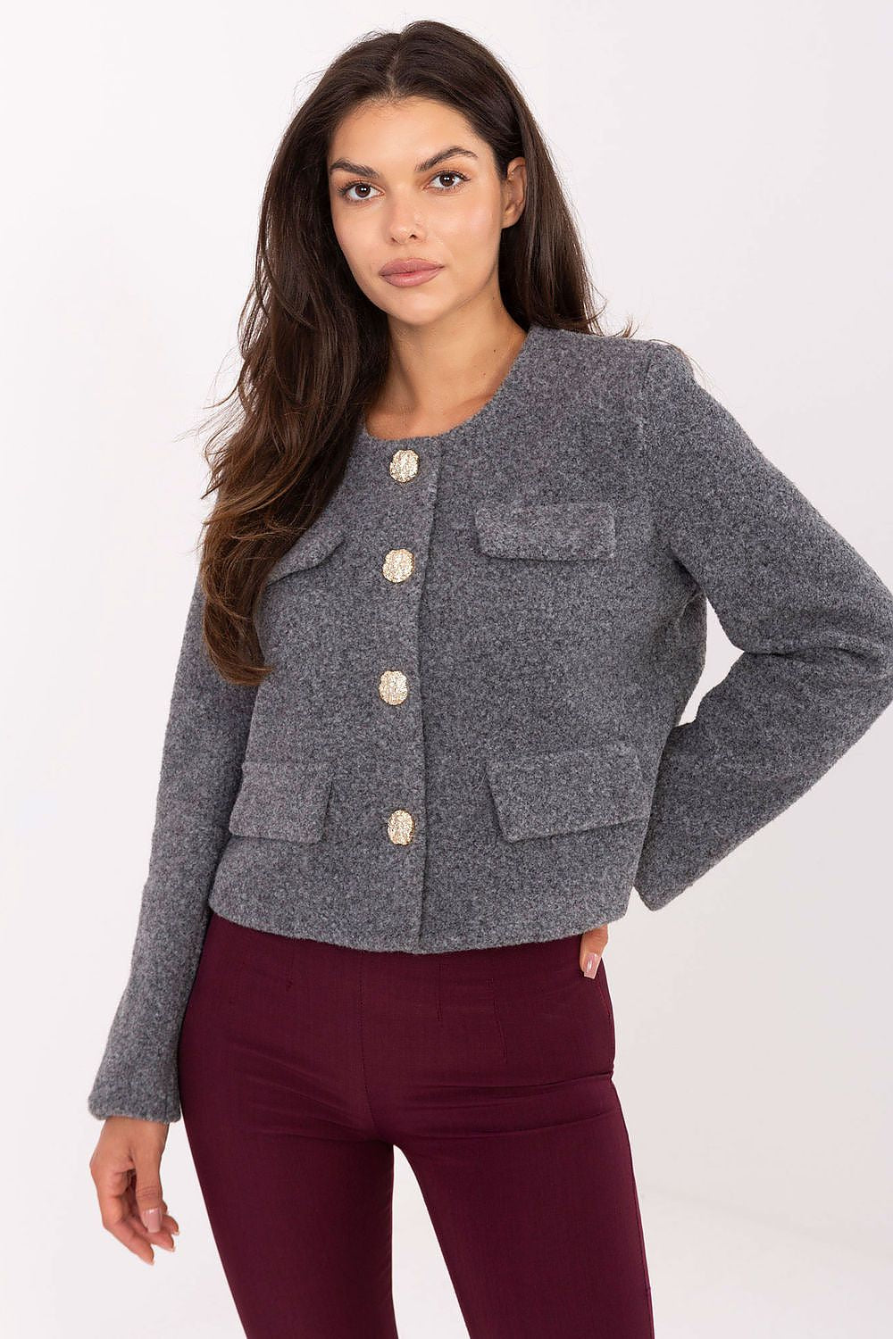 Elegant Rue Paris women's jacket detail, featuring smooth fabric and long sleeves, designed for comfort with a stylish and professional look.