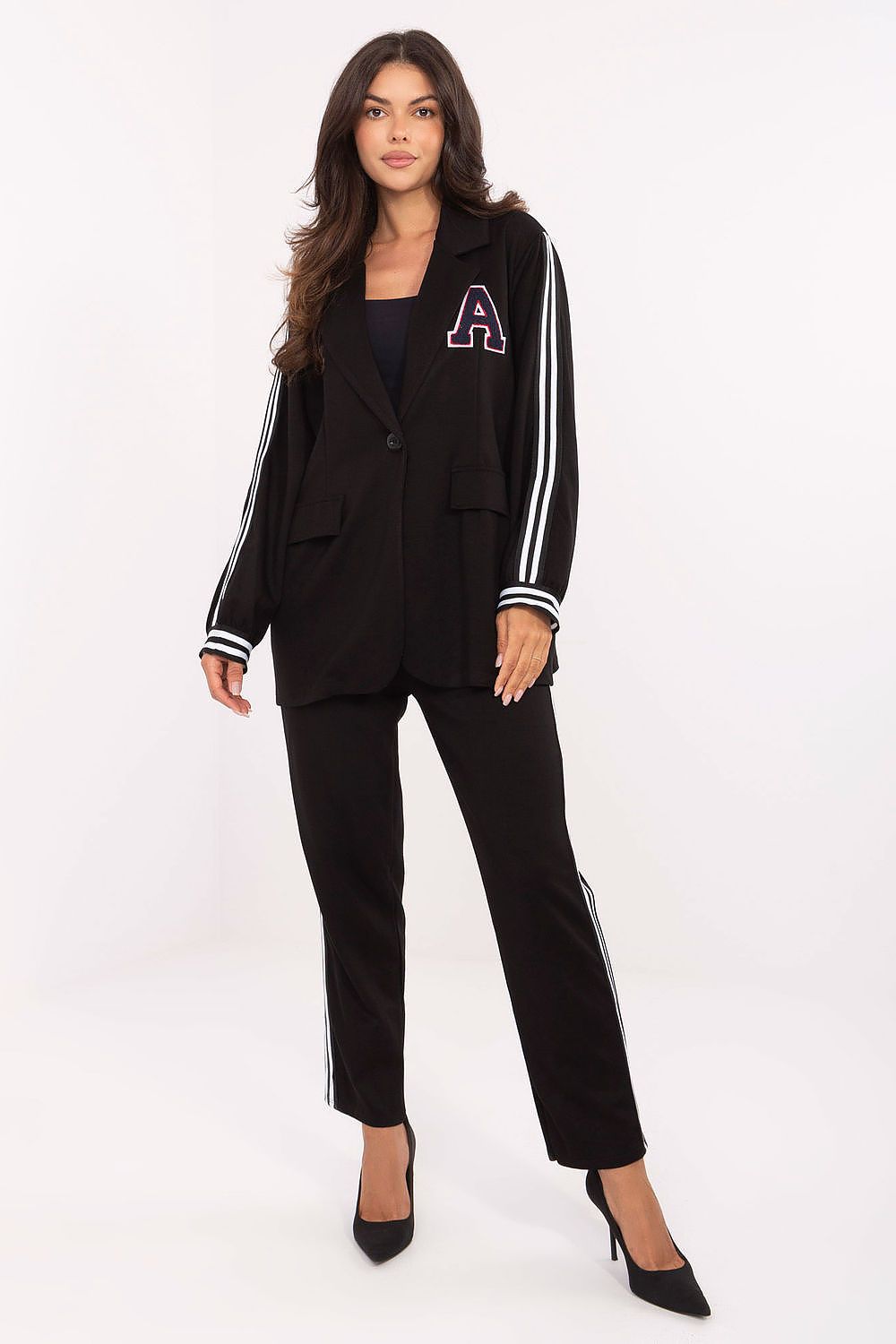 Luxury Women's Casual Set by Rue Paris featuring a soft buttoned jacket and high waist tapered trousers in EU sizes 0-4. This stylish outfit showcases delicate buttery material, decorative stripes, and a sporty-elegant design.