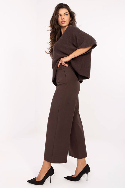 Flat lay of Rue Paris high-waisted women's culottes, displaying the sleek polyester fabric and refined silhouette.
