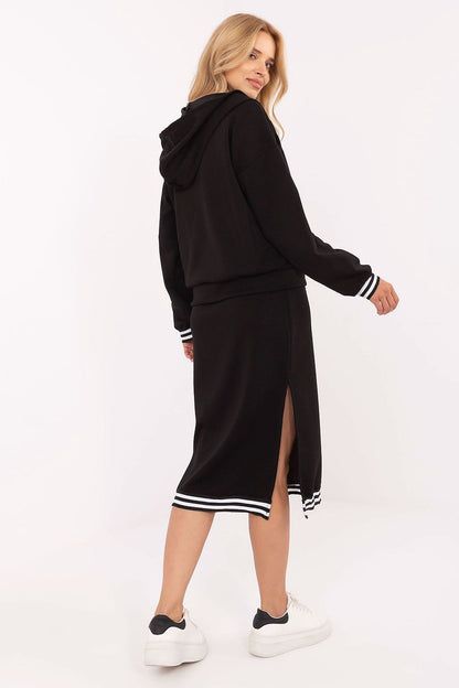 Elegant Rue Paris women's casual set featuring a midi dress with decorative thick straps and matching zip hoodie, designed for comfort and style.