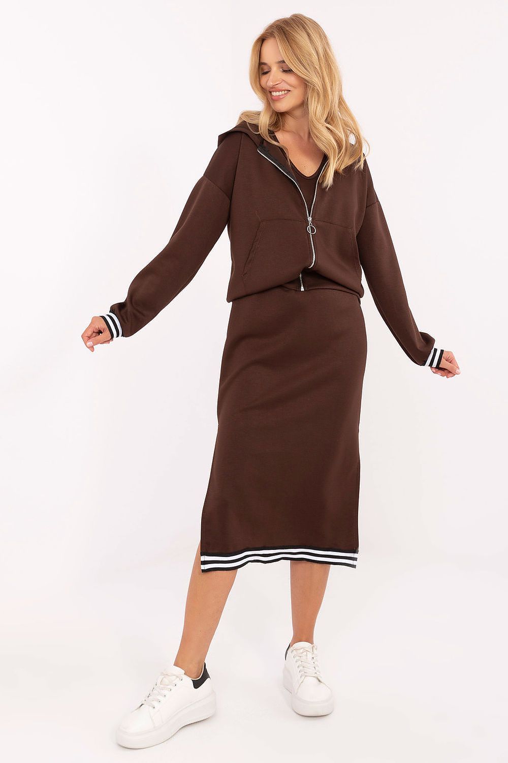 Full view of the Rue Paris women's casual set, combining a stylish midi dress and cozy zip-up hoodie, perfect for everyday wear with a modern twist.