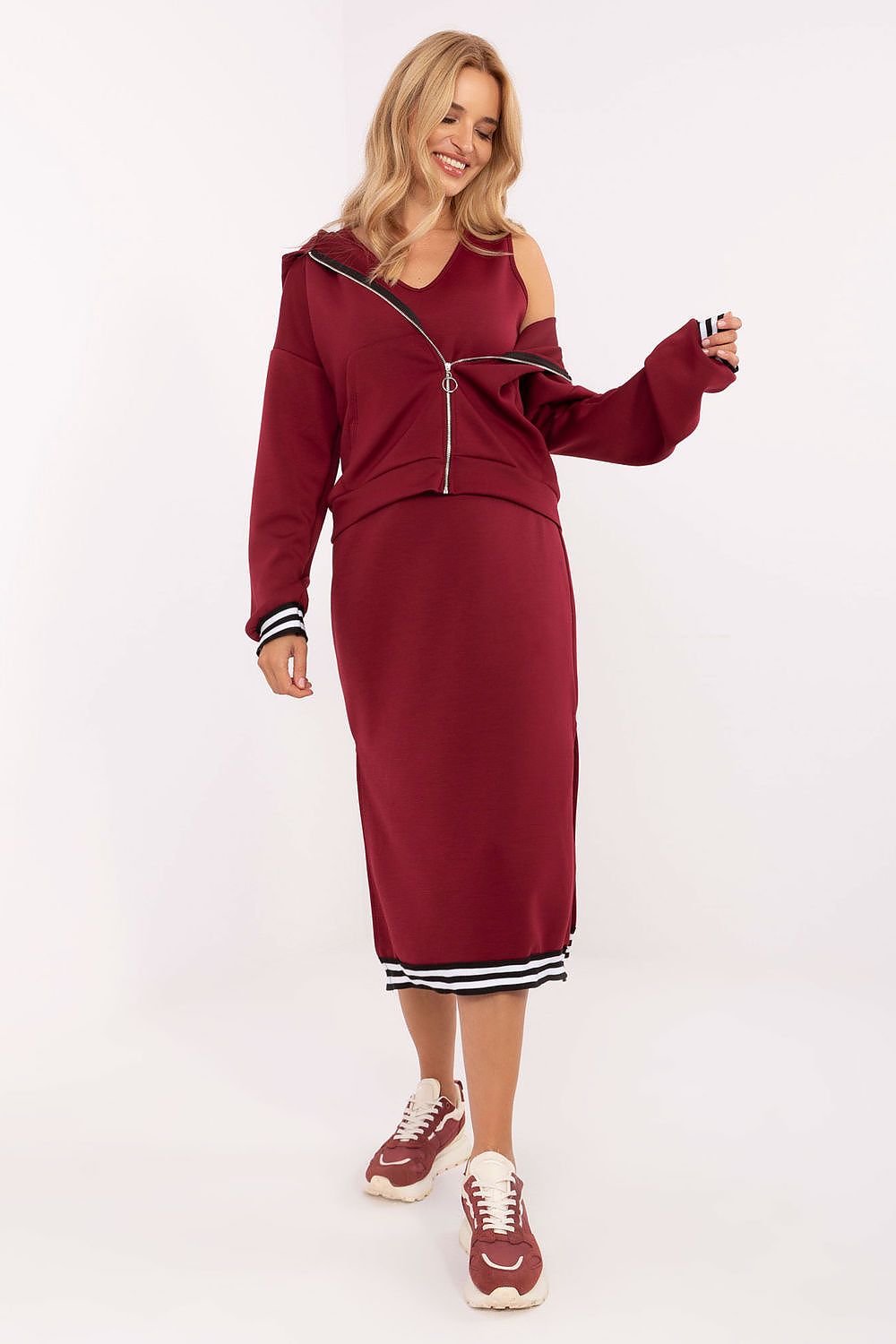 Luxury Rue Paris women's casual set featuring a stylish midi dress and zip hoodie, crafted from a soft viscose blend for ultimate comfort.