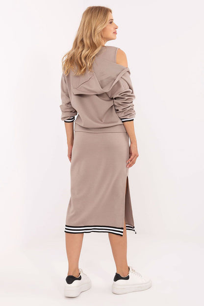 Elegant Rue Paris women's casual set featuring a midi dress with sweetheart neckline and a sporty zip hoodie, perfect for modern feminine outfits.