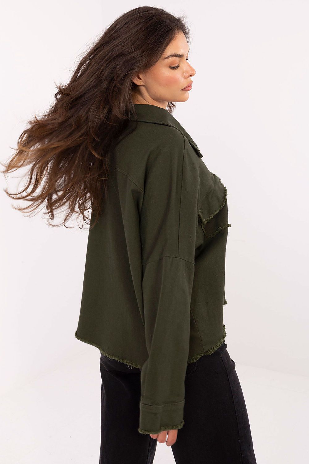 Sophisticated long sleeve cotton denim shirt for women by Rue Paris, designed with practical chest pockets and artisanal detail for refined everyday wear.