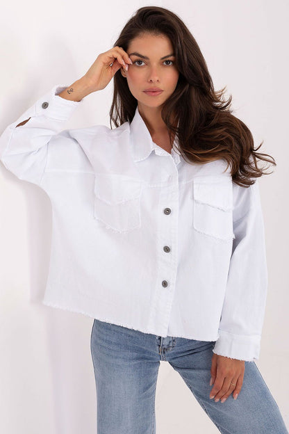High-quality Rue Paris women's denim shirt, crafted from breathable cotton spandex blend, emphasizing comfort and elegance for everyday occasions.