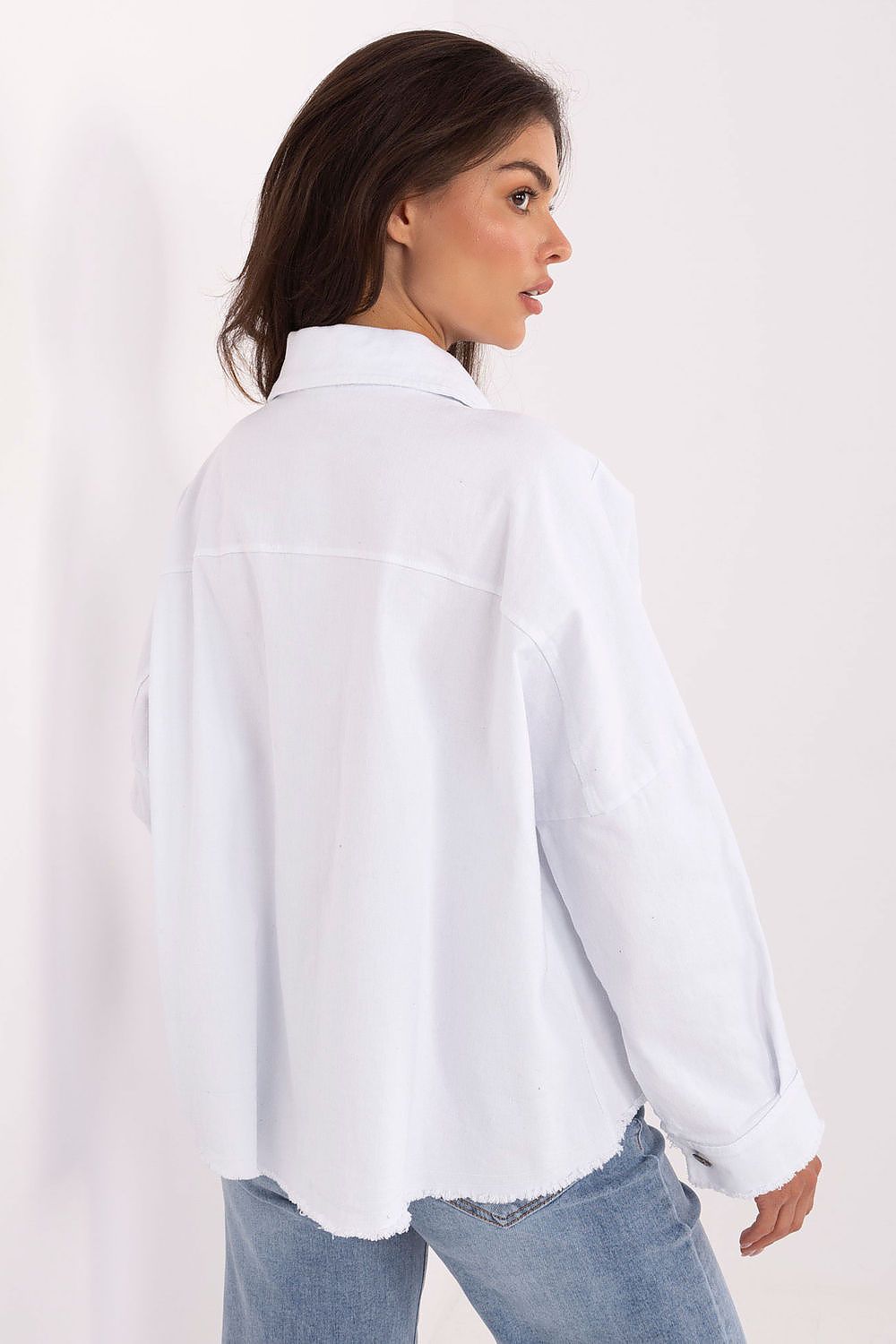 Elegantly styled Timeless Long Sleeve Denim Shirt for Women by Rue Paris, showcasing its premium cotton-spandex blend, perfect for a luxury casual look.