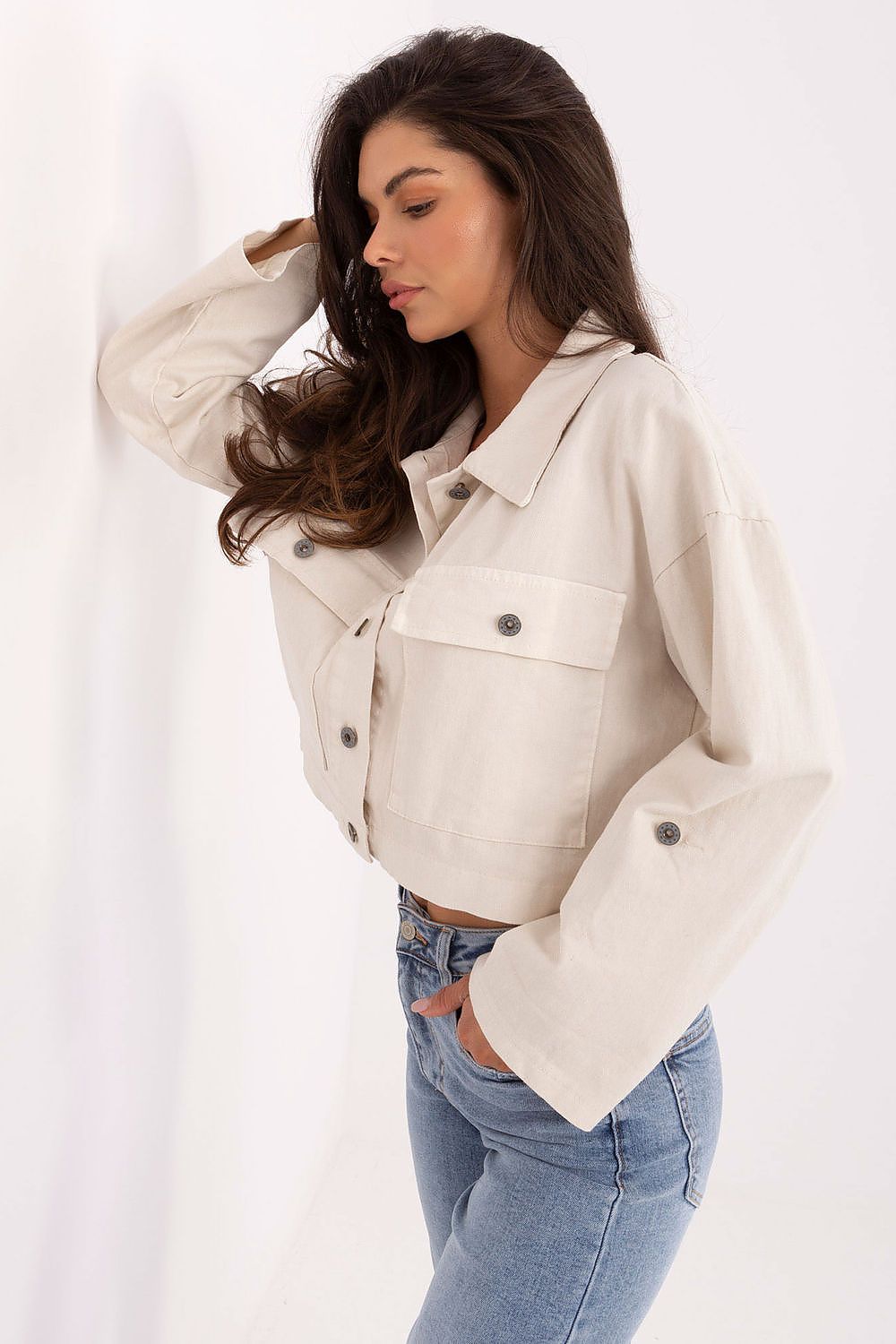 Stylish women's denim jacket by Rue Paris with a flattering cut, designed for comfort and ease of movement, crafted from high-quality cotton elastane blend.