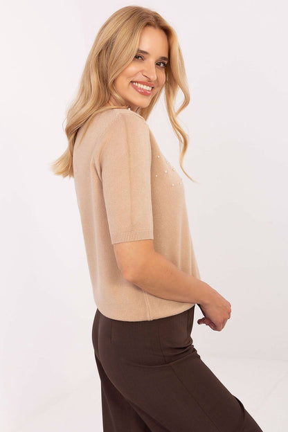 Fashionable women's short sleeve sweater in EU S/M, elegantly styled with pearls, from the premium collection by Factory Price.