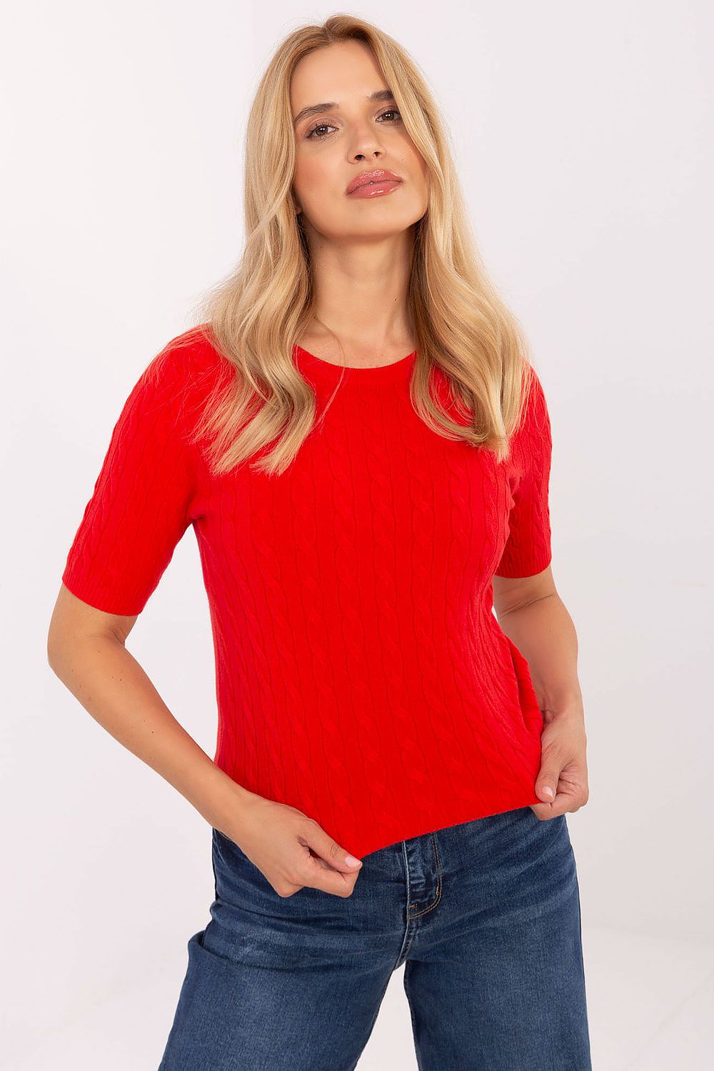 Elegant women's short sleeve sweater in viscose-polyester-nylon blend by Factory Price, showcasing a versatile design perfect for casual and workwear.