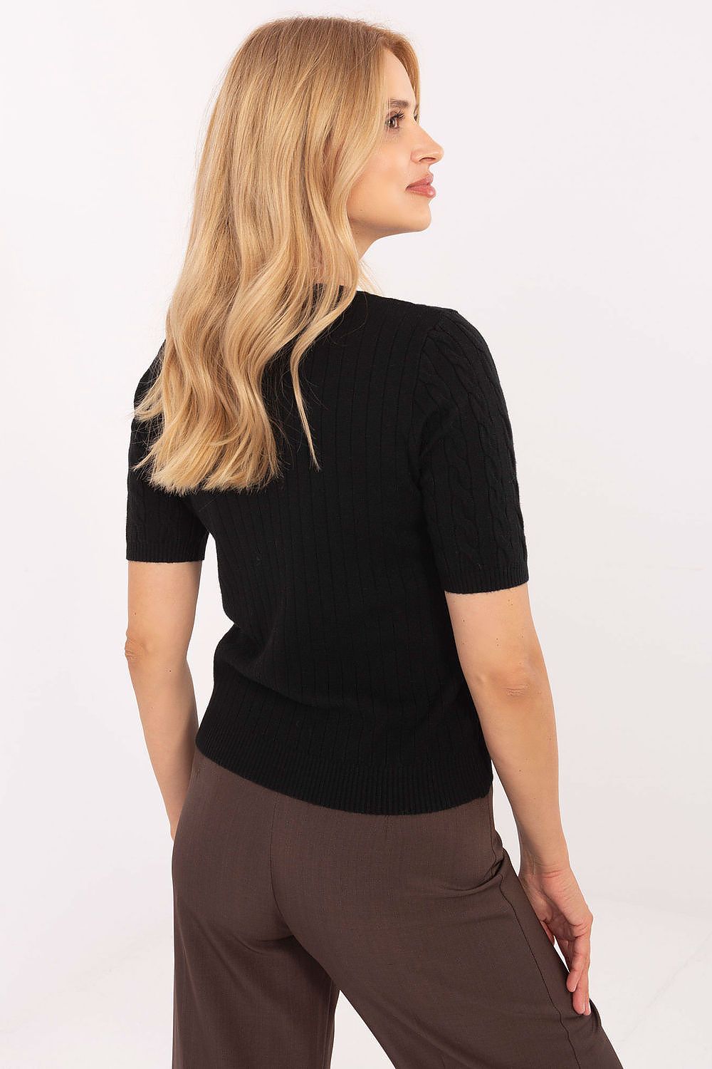 Close-up of the exquisite fabric texture of the Elegant Women's Short Sleeve Sweater, featuring a premium blend by Factory Price for a stylish finish.
