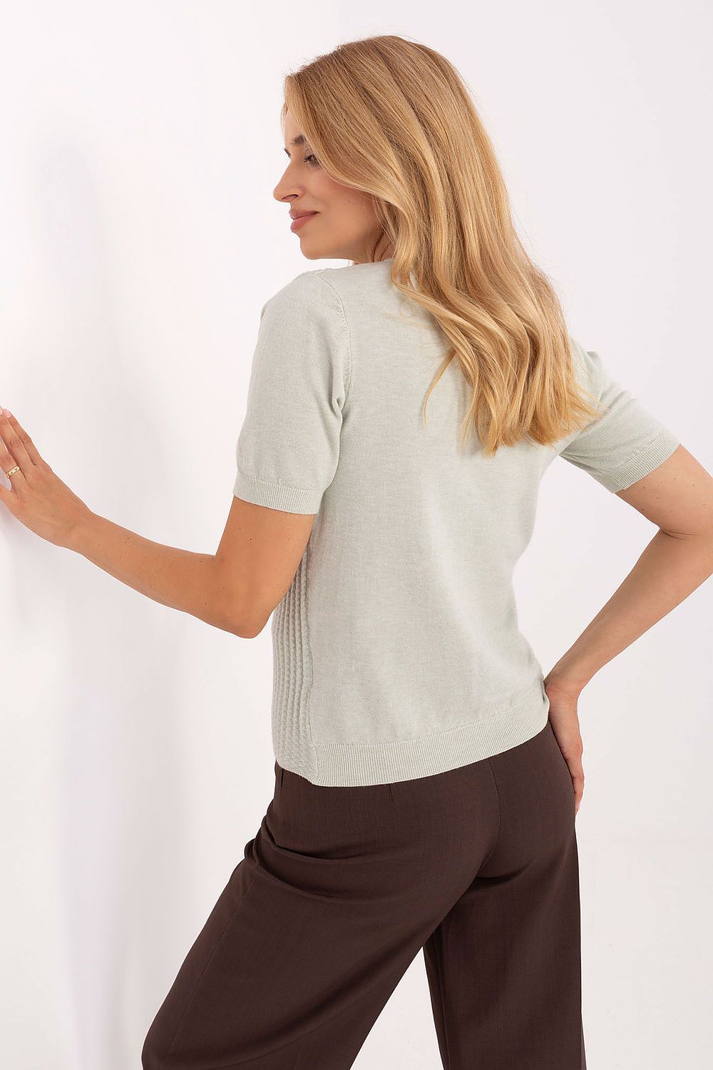 Elegant V-Neck Short Sleeve Women's Sweater by Factory Price, crafted in a luxuriously soft viscose blend with unique texture, perfect for sophisticated daywear.
