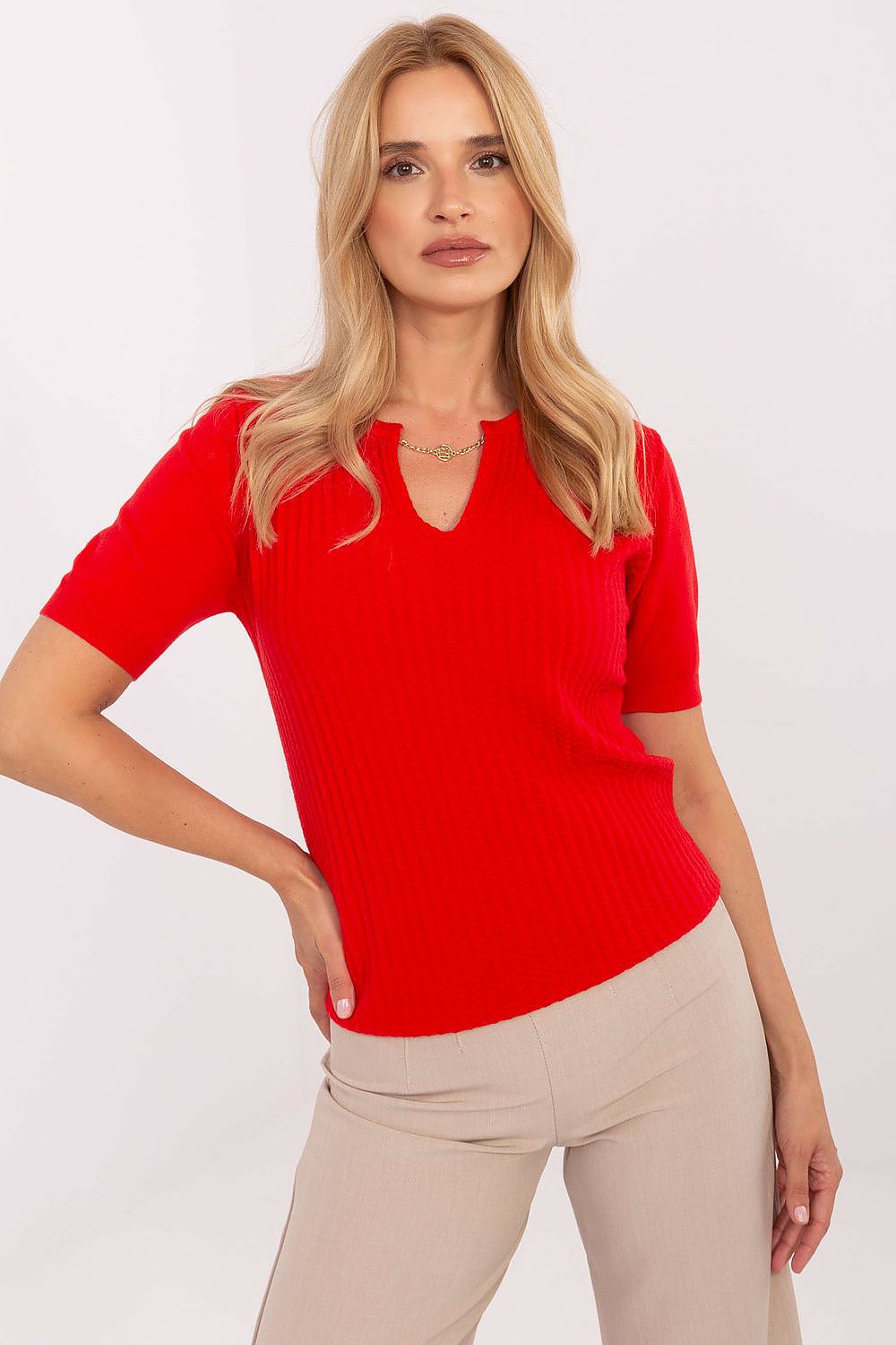 Close-up view of the intricate texture of the Elegant V-Neck Short Sleeve Women's Sweater by Factory Price, featuring a subtle chain detail and refined design.