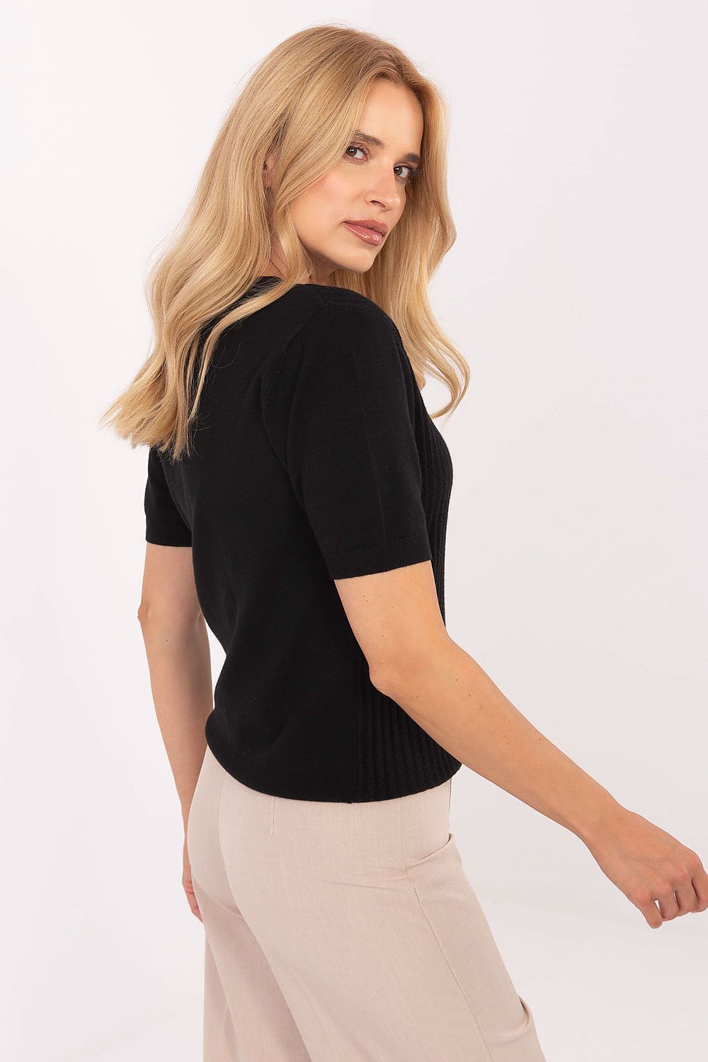 Elegant V-Neck Short Sleeve Women's Sweater by Factory Price in luxurious viscose blend, showcasing a unique textured design suitable for office wear.