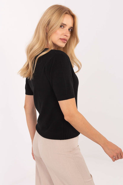 Elegant V-Neck Short Sleeve Women's Sweater by Factory Price in luxurious viscose blend, showcasing a unique textured design suitable for office wear.