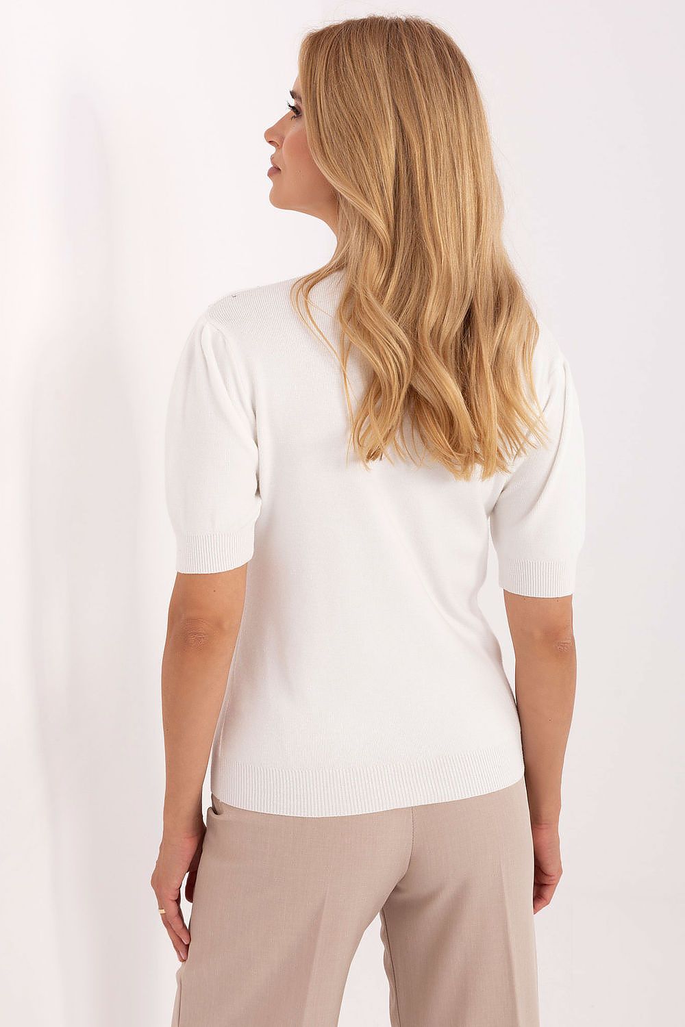 Elegant short sleeve women's sweater by Factory Price, featuring decorative jets on the front for a luxurious touch, perfect for work and everyday wear.