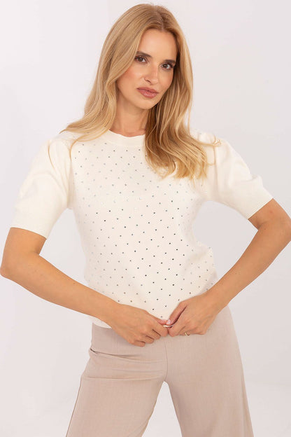 Close-up of the decorative jets on a classy women's sweater by Factory Price, adding a spectacular character to any outfit.