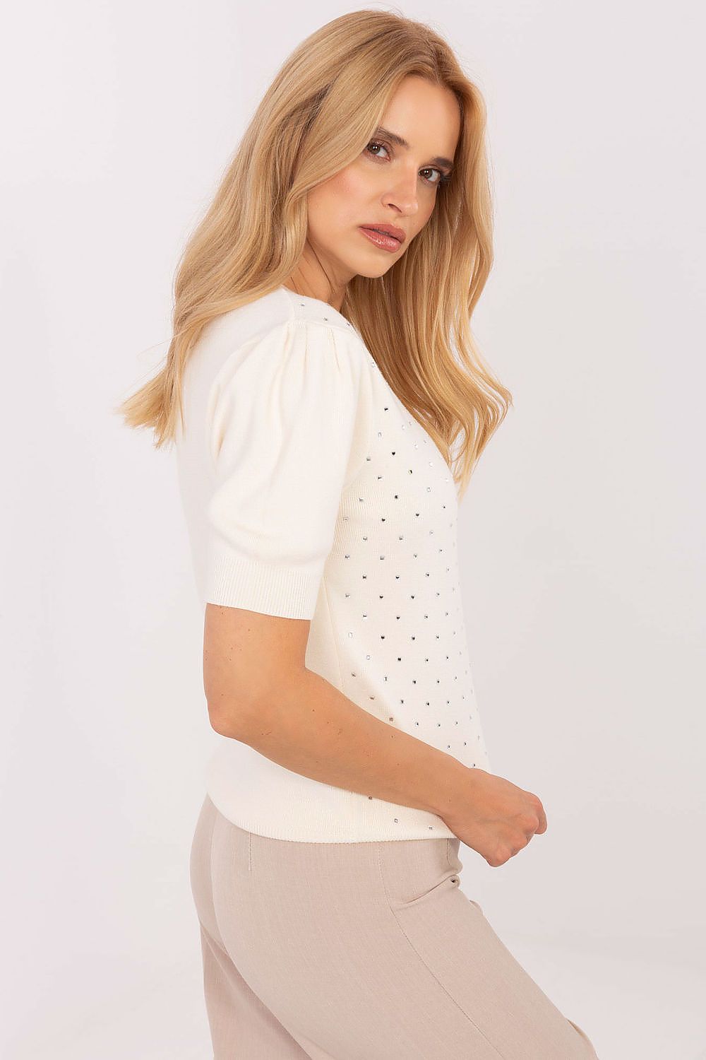 Stylish women's short sleeve sweater by Factory Price, made from a soft blend of viscose, polyester, and nylon, ideal for fashionable office styling.