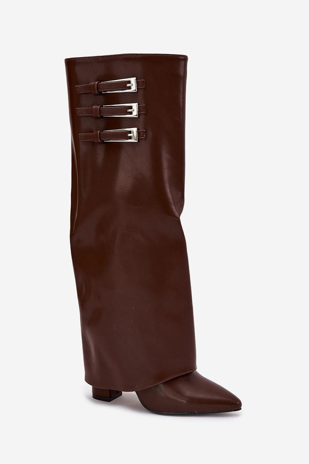 Elegant women's eco leather heel boots with rolled shaft and zipper detail, featuring silver buckles for a luxurious look, by Step in Style.