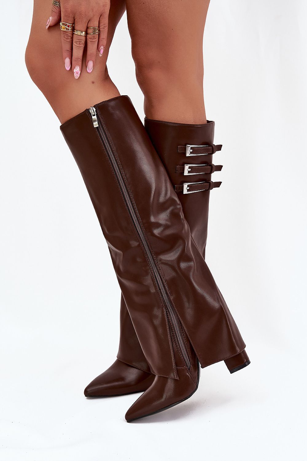 Stylish women's eco leather boots with pointed toes, 11 cm heel height, and a classic rolled shaft design, created by Step in Style.
