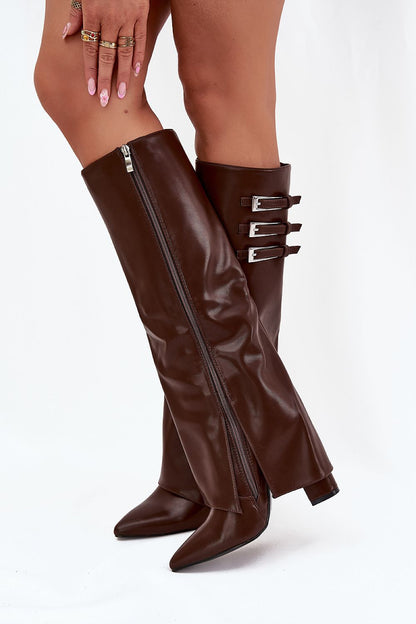Stylish women's eco leather boots with pointed toes, 11 cm heel height, and a classic rolled shaft design, created by Step in Style.