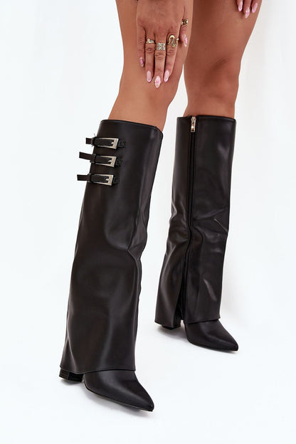 Close-up of women's eco leather heel boots showcasing intricate silver buckles and luxurious design elements, crafted by Step in Style.