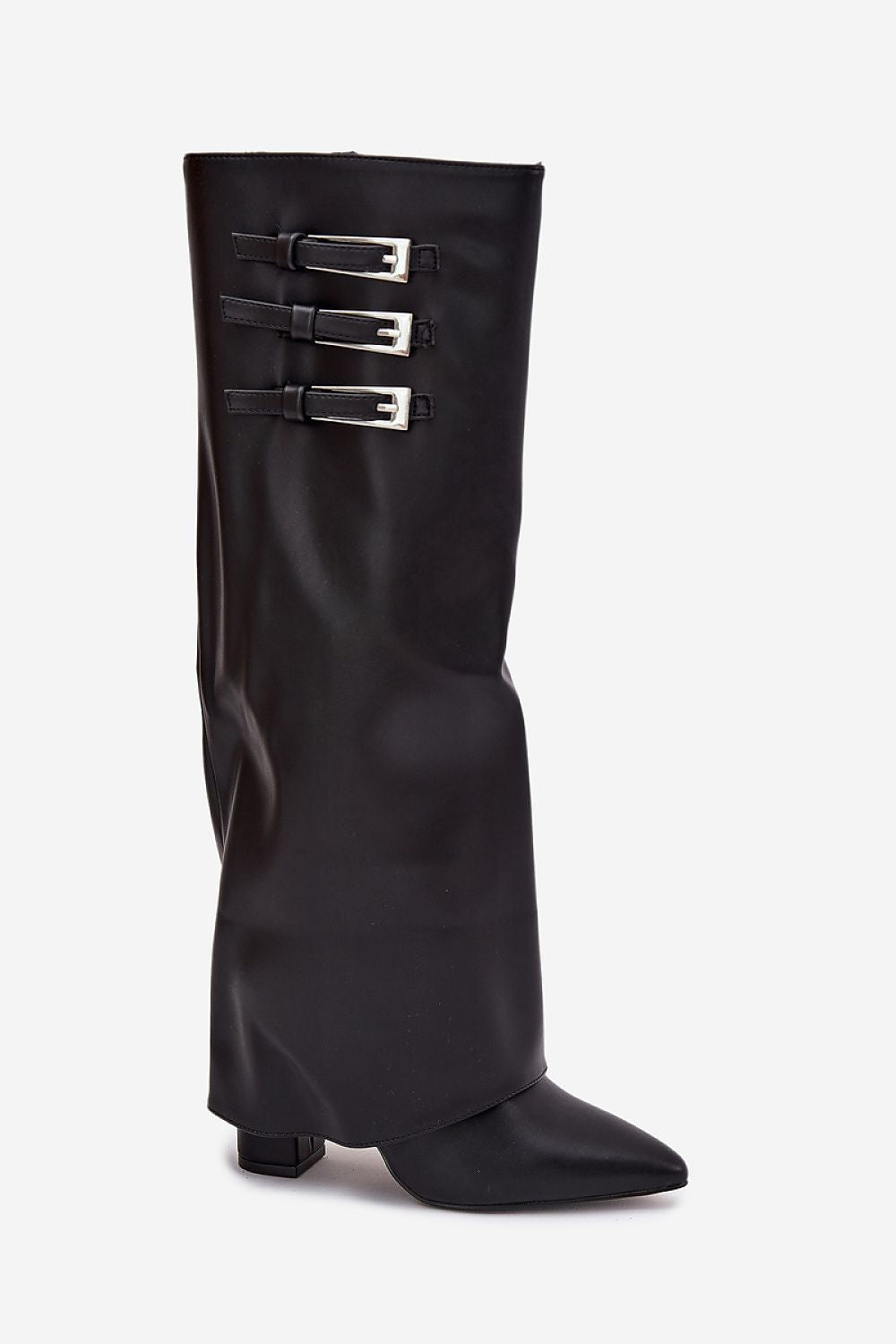 Side view of elegant women's eco leather heel boots, highlighting the chic rolled shaft and zipper, designed for comfort by Step in Style.
