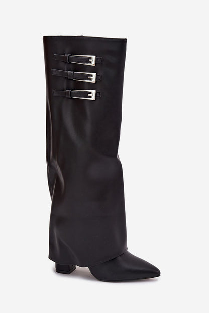 Side view of elegant women's eco leather heel boots, highlighting the chic rolled shaft and zipper, designed for comfort by Step in Style.