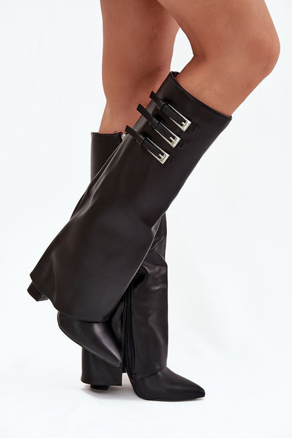 Detailed view of women's classy eco leather heel boots with warmth insulation and stylish buckles, perfect footwear from Step in Style.