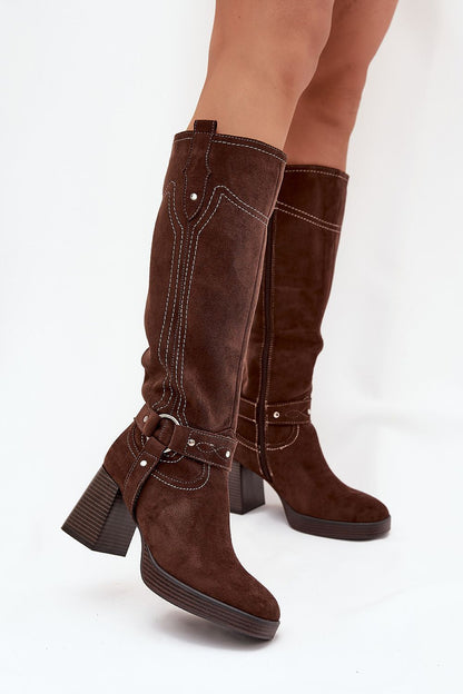 Elegant women's eco suede knee-high heel boots with zipper by Step in Style, showcasing a sleek design and stylish straps, perfect for chic casual or formal outfits.