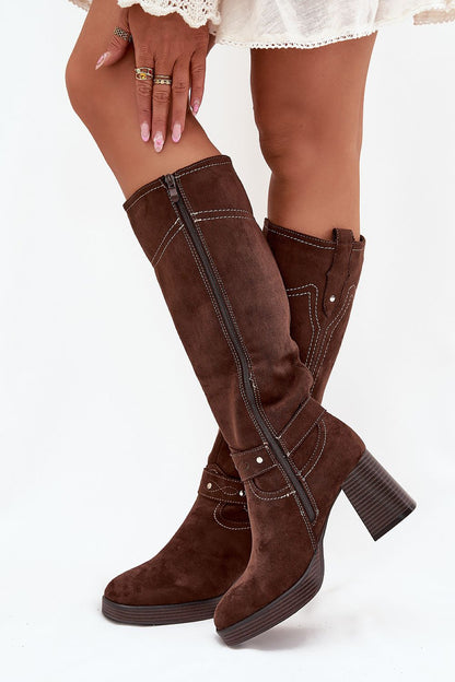 Full view of women's eco suede knee-high heel boots by Step in Style, designed for elegance and comfort, ideal for cooler days with a warm shoe blanket.