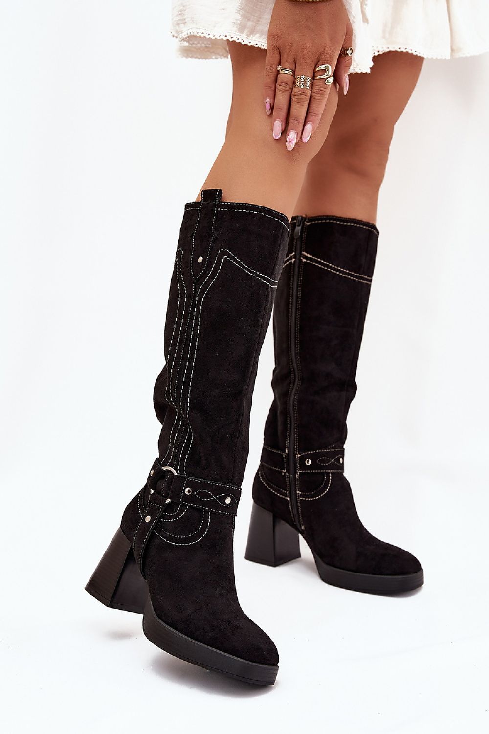 Elegant Women's Eco Suede Knee-High Heel Boots with Zipper by Step in style, showcasing a luxurious design with subtle straps and stitching.