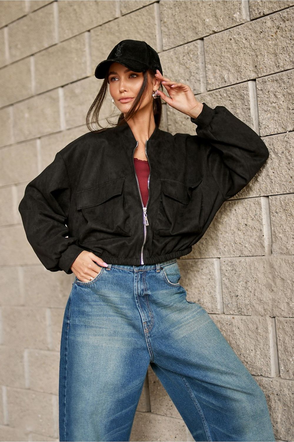 Front view of Roco Fashion's soft suede imitation bomber jacket showcasing large pockets and comfortable zipper closure, perfect for stylish casual wear.