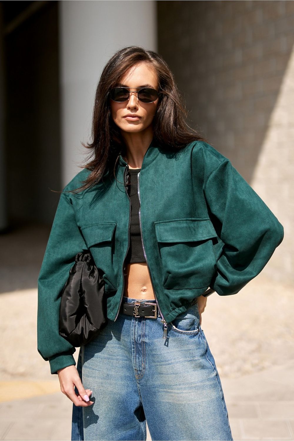 Roco Fashion oversized bomber jacket in soft suede imitation, showcasing its luxurious matte finish and trendy loose cut.