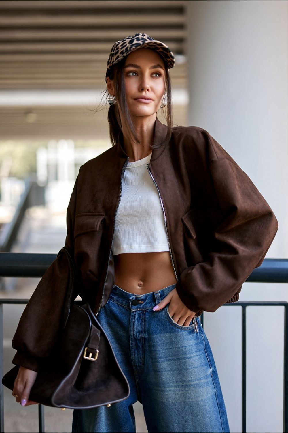 Roco Fashion oversized bomber jacket styled with jeans, demonstrating a chic urban look suitable for everyday wear.