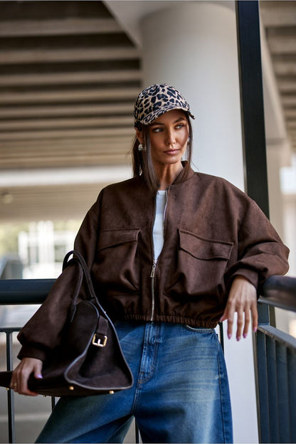 Elegant Roco Fashion bomber jacket paired with stylish trousers, showcasing a fashionable contrast for modern outfits.