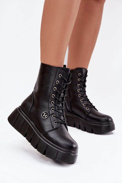 Close-up view of Vinceza women's eco-leather ankle boots, featuring a stylish zipper and lacing for a perfect fit.
