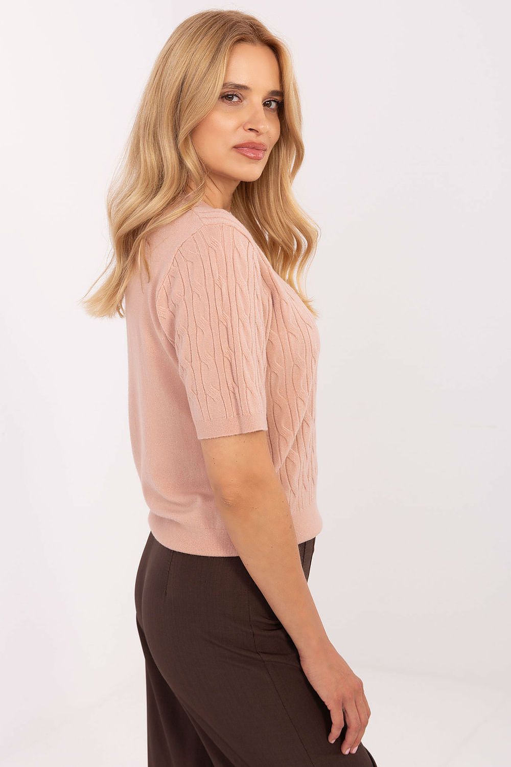 Soft and comfortable Women's Short Sleeve Sweater, size L/XL from Factory Price, featuring a chic round neckline and unique textured front.