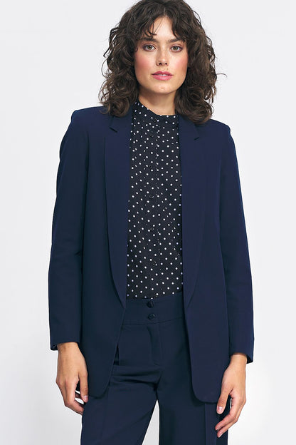 Elegant unfastened blazer jacket by Nife made from premium polyester, spandex, and viscose, showcases a classic silhouette perfect for modern women's office and casual styles.