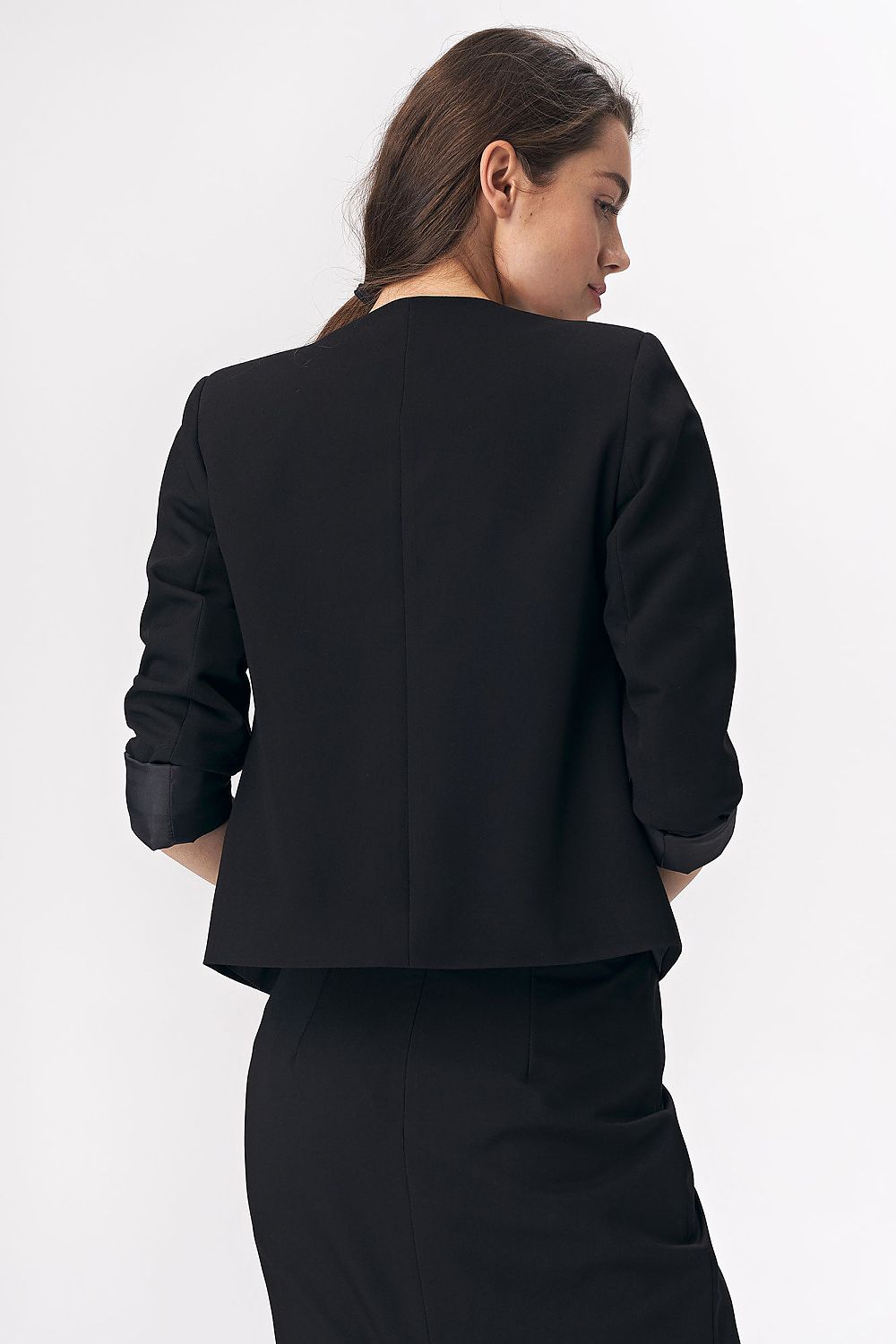 Nife Classic Short Jacket in soft touch fabric, showcasing a minimalist design ideal for office elegance, available in sizes EU 36-44.