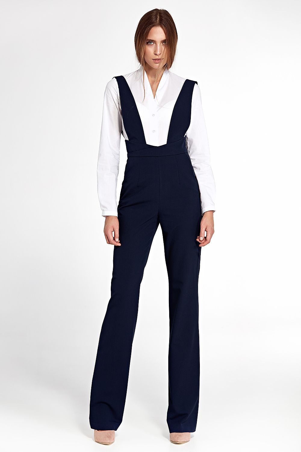 Elegant Nife navy blue jumpsuit featuring a high waist and wide legs, perfect for luxury fashion enthusiasts.