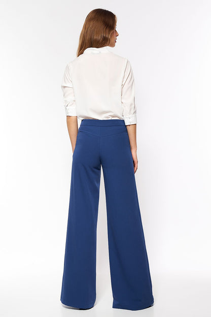 Elegant cobalt palazzo pants crafted by Nife, perfect for a sophisticated office look with a soft touch fabric.