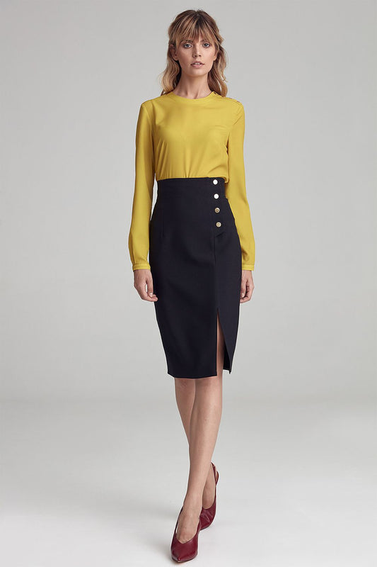 Elegant knee-length pencil skirt by Nife featuring golden snap details, crafted for stylish office wear, available in sizes EU 36 to EU 44.