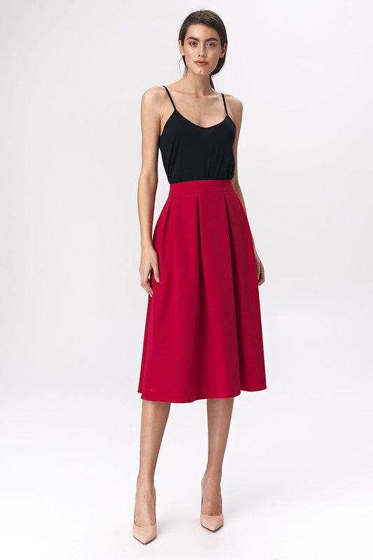Elegant red midi skirt by Nife featuring a flared design, crafted from a soft viscose blend, perfect for high-end office and casual wear.