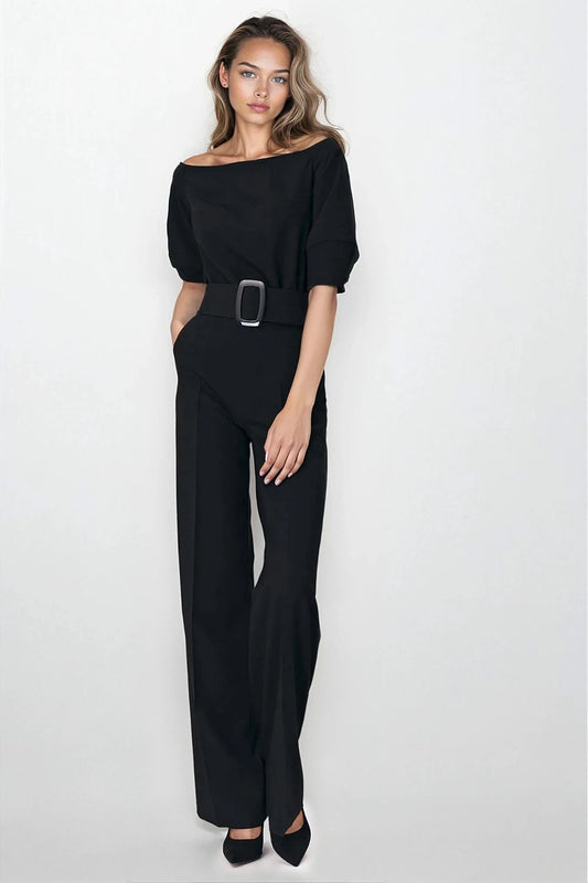 Luxurious black women's jumpsuit by Nife featuring a cold-shoulder design, chic belt, and elegant fit, available in sizes EU 34-42.