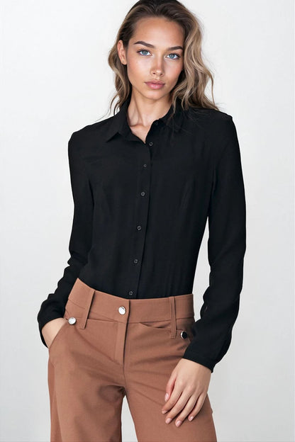 Various size options of Nife luxury viscose body shirt displayed, emphasising the elegant styling for sizes ranging from EU 34 to EU 42.