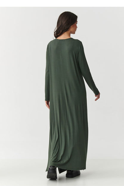 Chic display of the Makadamia Luxe Long Maxi Dress draping beautifully, highlighting its high-quality viscose fabric and sophisticated silhouette, suitable for any occasion.