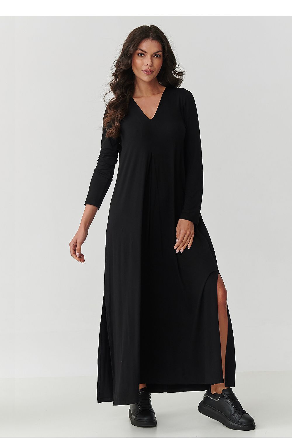 Elegant Makadamia Luxe Long Maxi Dress in chocolate with V-neckline and side slits, perfect for any occasion.