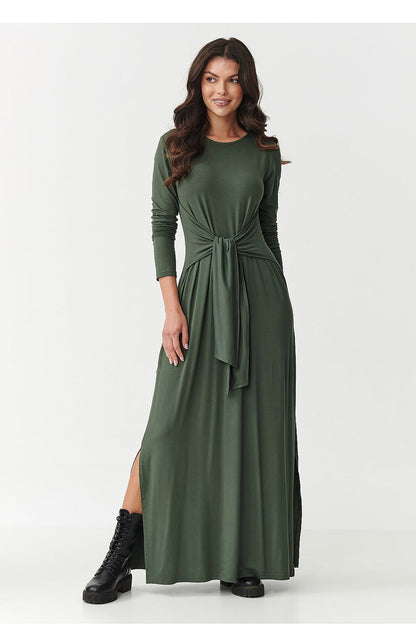 Elegant maxi dress with waist tie from Makadamia, crafted from a luxurious viscose blend for comfort and style, showcasing a timeless design suitable for various occasions.